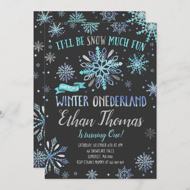 Winter ONEderland Birthday Invitation Blue Silver (Front/Back)