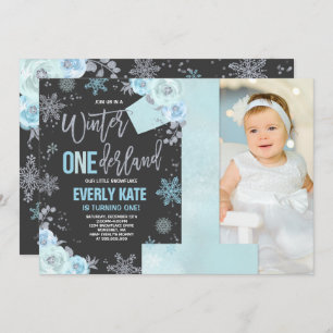 Winter ONEderland Birthday Invitation Blue Silver
