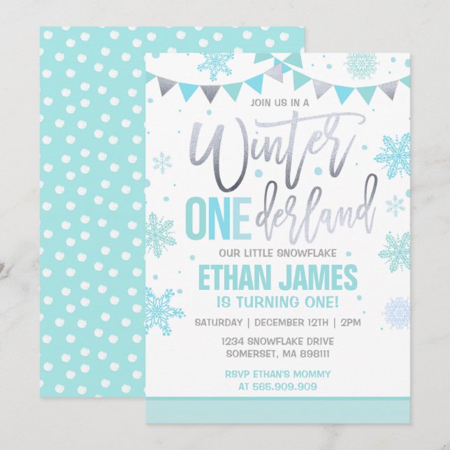Winter ONEderland Birthday Invitation Blue & Teal (Front/Back)