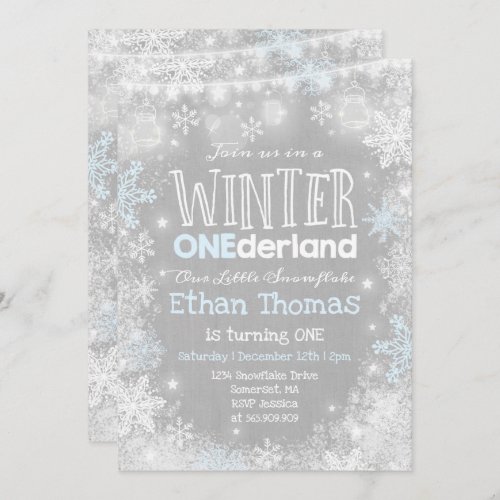 Winter ONEderland Birthday Invitation Blue White