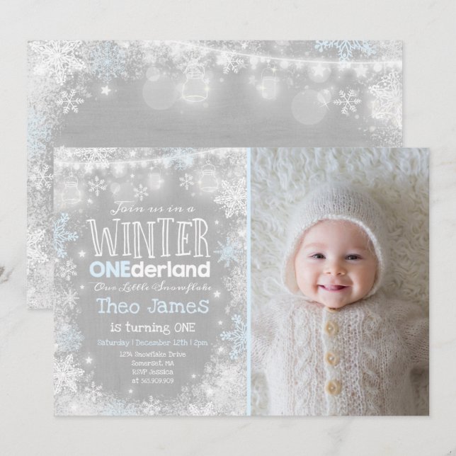 Winter ONEderland Birthday Invitation Blue White (Front/Back)