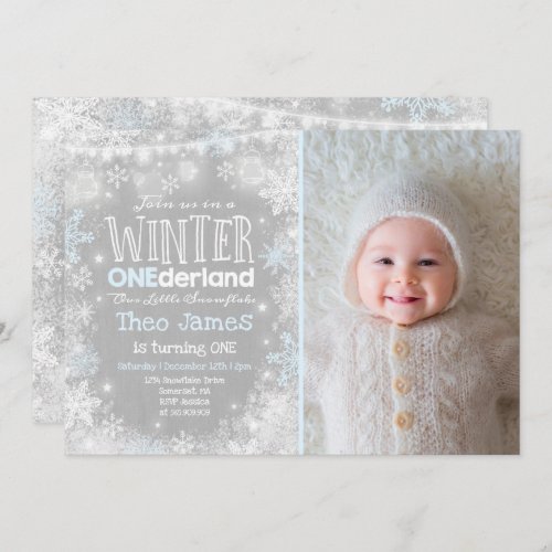 Winter ONEderland Birthday Invitation Blue White