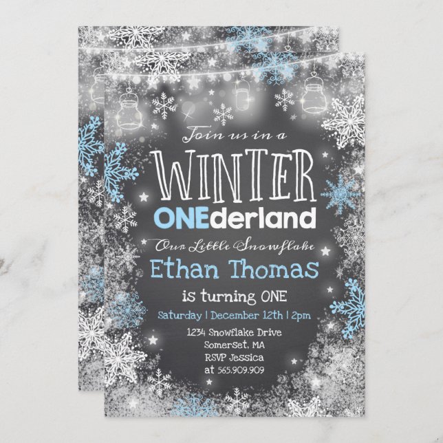 Winter ONEderland Birthday Invitation Blue White (Front/Back)