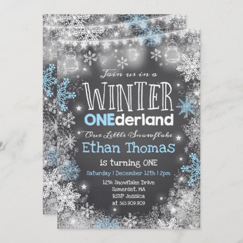 Winter ONEderland Birthday Invitation Blue White