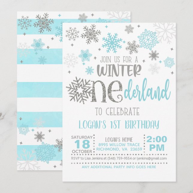 Winter ONEderland Birthday Invitation - Boy - WH (Front/Back)