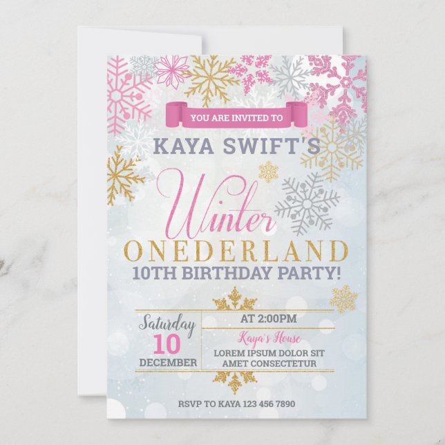 Winter Onederland Birthday Invitation Gold & Pink (Front)