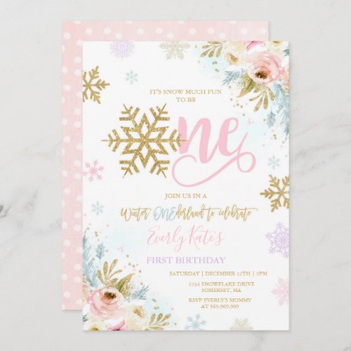 Winter ONEderland Birthday Invitation Gold Pink