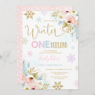 Winter ONEderland Birthday Invitation Gold Pink