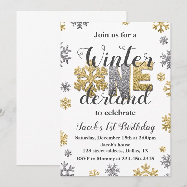 Winter ONEderland Birthday Invitation Gold Silver (Front/Back)