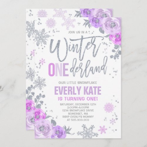 Winter ONEderland Birthday Invitation Lilac Silver