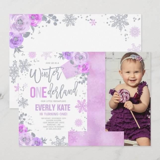 Winter ONEderland Birthday Invitation Lilac Silver (Front/Back)