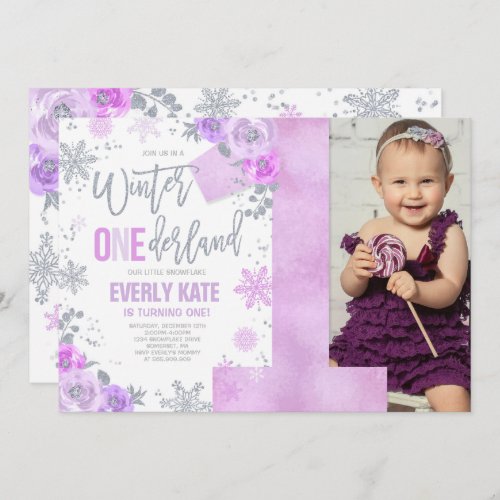 Winter ONEderland Birthday Invitation Lilac Silver