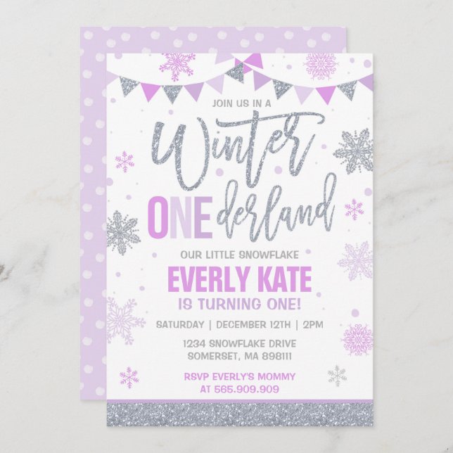 Winter ONEderland Birthday Invitation Lilac Silver (Front/Back)
