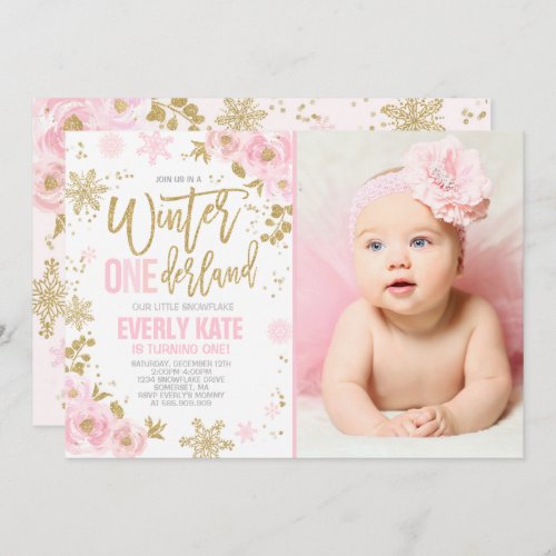 Winter ONEderland Birthday Invitation Pink Gold