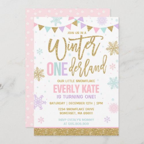 Winter ONEderland Birthday Invitation Pink  Gold