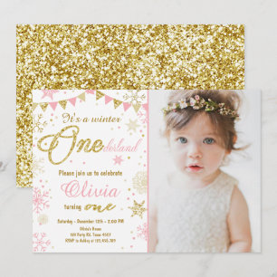 Winter Onederland birthday invitation Pink Gold