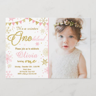 Winter Onederland birthday invitation Pink Gold