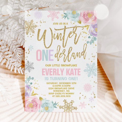 Winter ONEderland Birthday Invitation Pink Gold