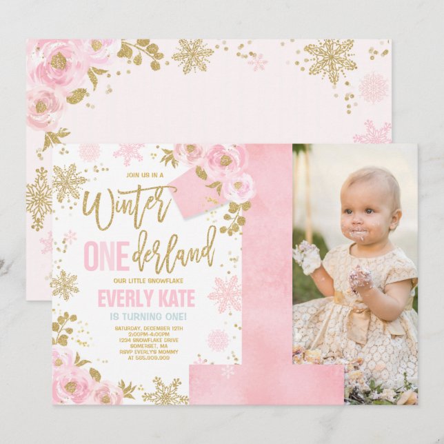 Winter ONEderland Birthday Invitation Pink Gold (Front/Back)