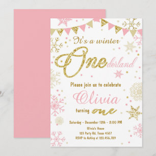 Winter Onederland birthday invitation Pink Gold