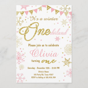 Winter Onederland birthday invitation Pink Gold
