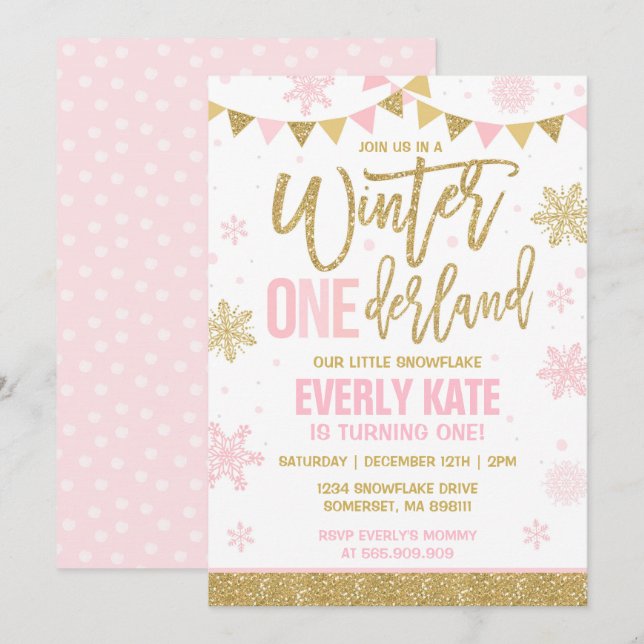 Winter ONEderland Birthday Invitation Pink & Gold (Front/Back)