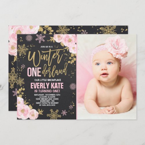 Winter ONEderland Birthday Invitation Pink Gold