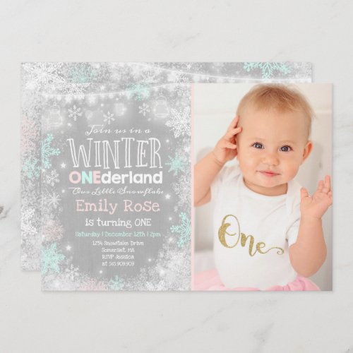 Winter ONEderland Birthday Invitation Pink Mint