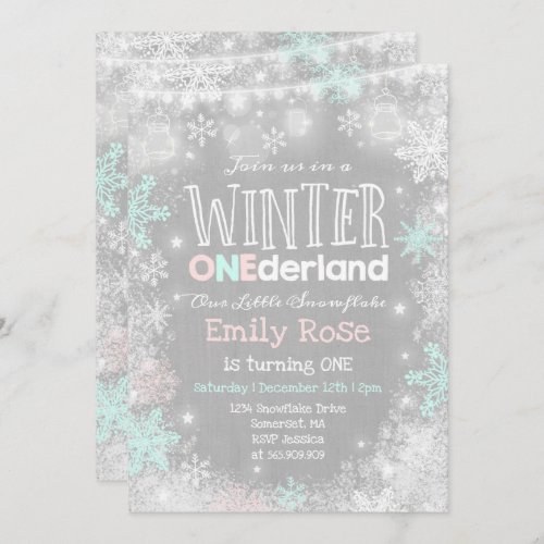 Winter ONEderland Birthday Invitation Pink Mint