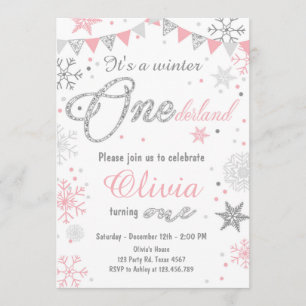 Winter Onederland birthday invitation Pink silver