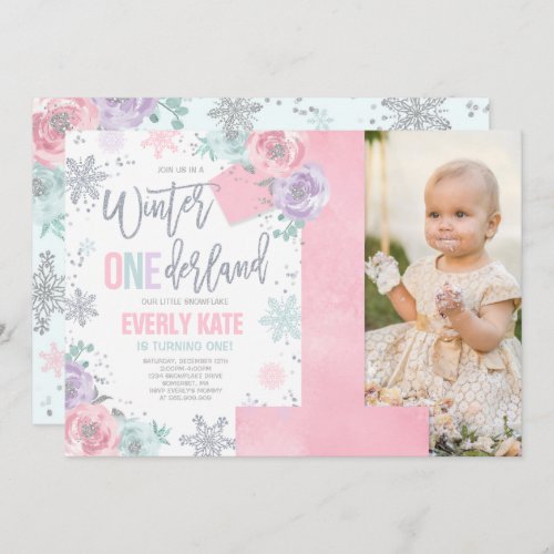 Winter ONEderland Birthday Invitation Pink Silver