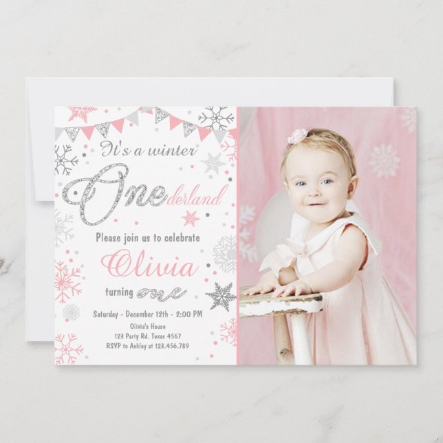 Winter Onederland birthday invitation Pink silver (Front)