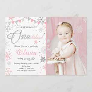 Winter Onederland birthday invitation Pink silver