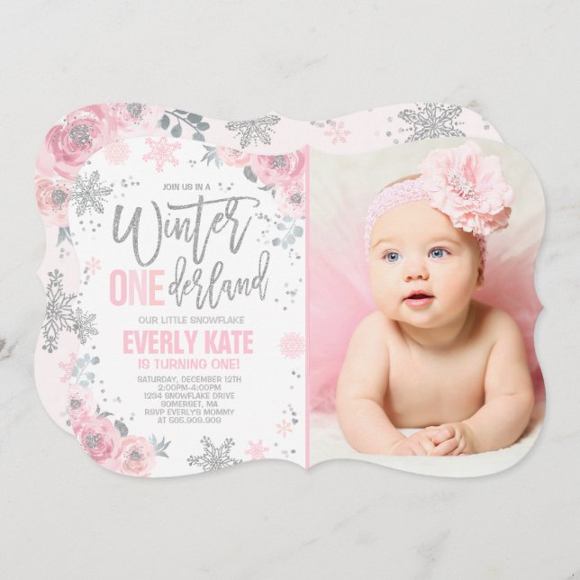 Winter ONEderland Birthday Invitation Pink Silver (Front/Back)