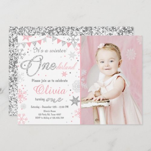 Winter Onederland birthday invitation Pink silver