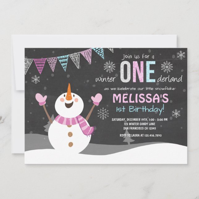 Winter ONEderland birthday invitation Pink Silver (Front)