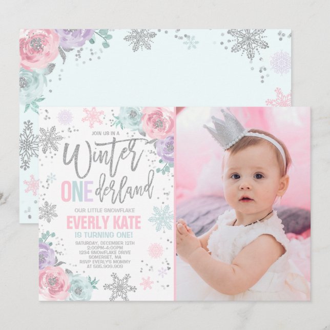 Winter ONEderland Birthday Invitation Pink Silver (Front/Back)
