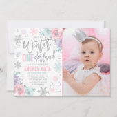 Winter ONEderland Birthday Invitation Pink Silver (Front)