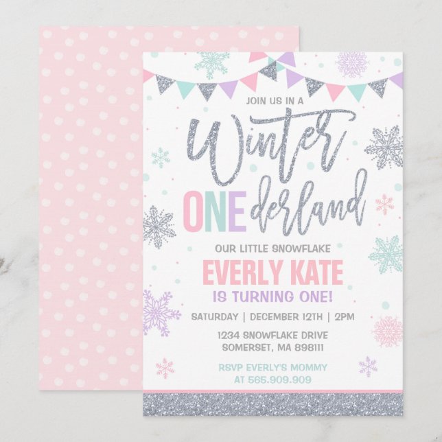 Winter ONEderland Birthday Invitation Pink Silver (Front/Back)