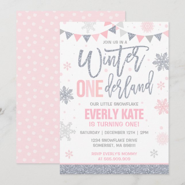 Winter ONEderland Birthday Invitation Pink Silver (Front/Back)