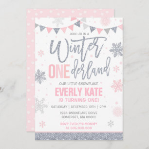 Winter ONEderland Birthday Invitation Pink Silver
