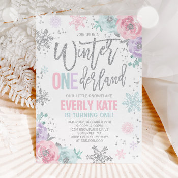 Winter Onederland Birthday Invitation Pink Silver by PixelPerfectionParty at Zazzle
