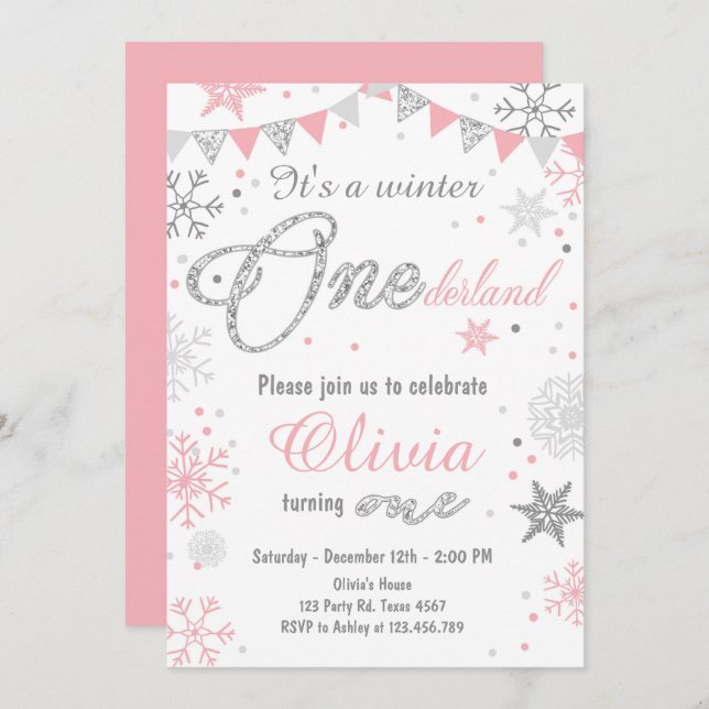 Winter Onederland birthday invitation Pink silver (Front/Back)