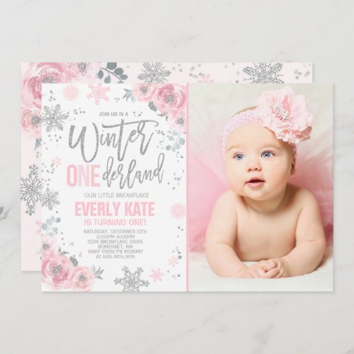 Winter ONEderland Birthday Invitation Pink Silver