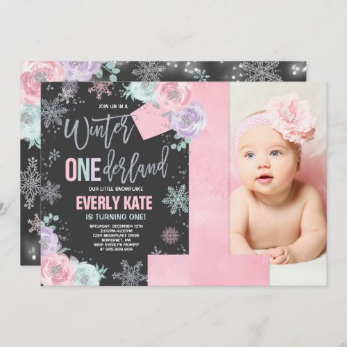 Winter ONEderland Birthday Invitation Pink Silver