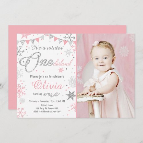 Winter Onederland birthday invitation Pink silver