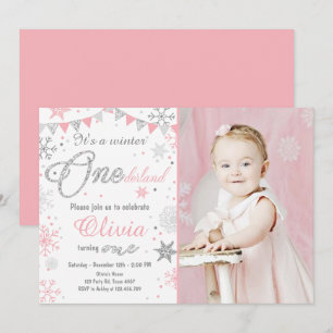 Winter Onederland birthday invitation Pink silver