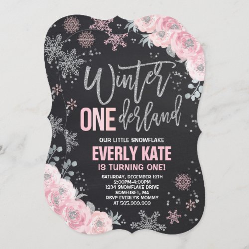 Winter ONEderland Birthday Invitation Pink Silver