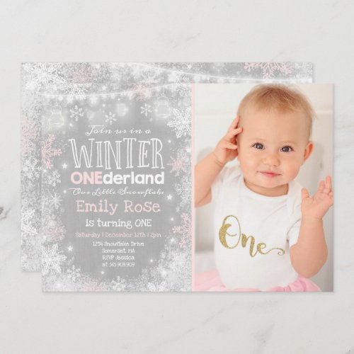 Winter ONEderland Birthday Invitation Pink White