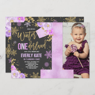 Winter ONEderland Birthday Invitation Purple Gold